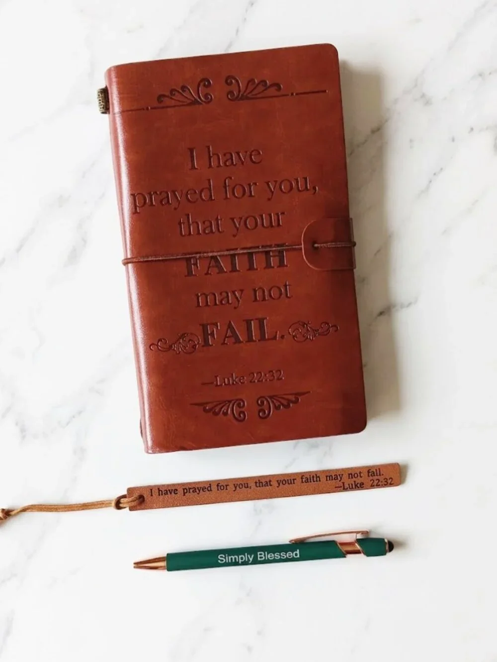 Brown Embossed Leather Journal with Pen Bookmark - Luke 22:32